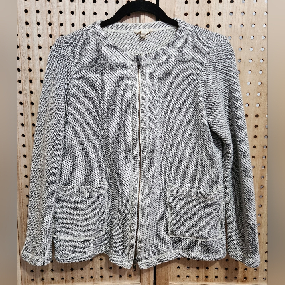 EILEEN FISHER Women Black Ivory Marled Organic Cotton Zip Front Cardigan‎ PP/PTP
